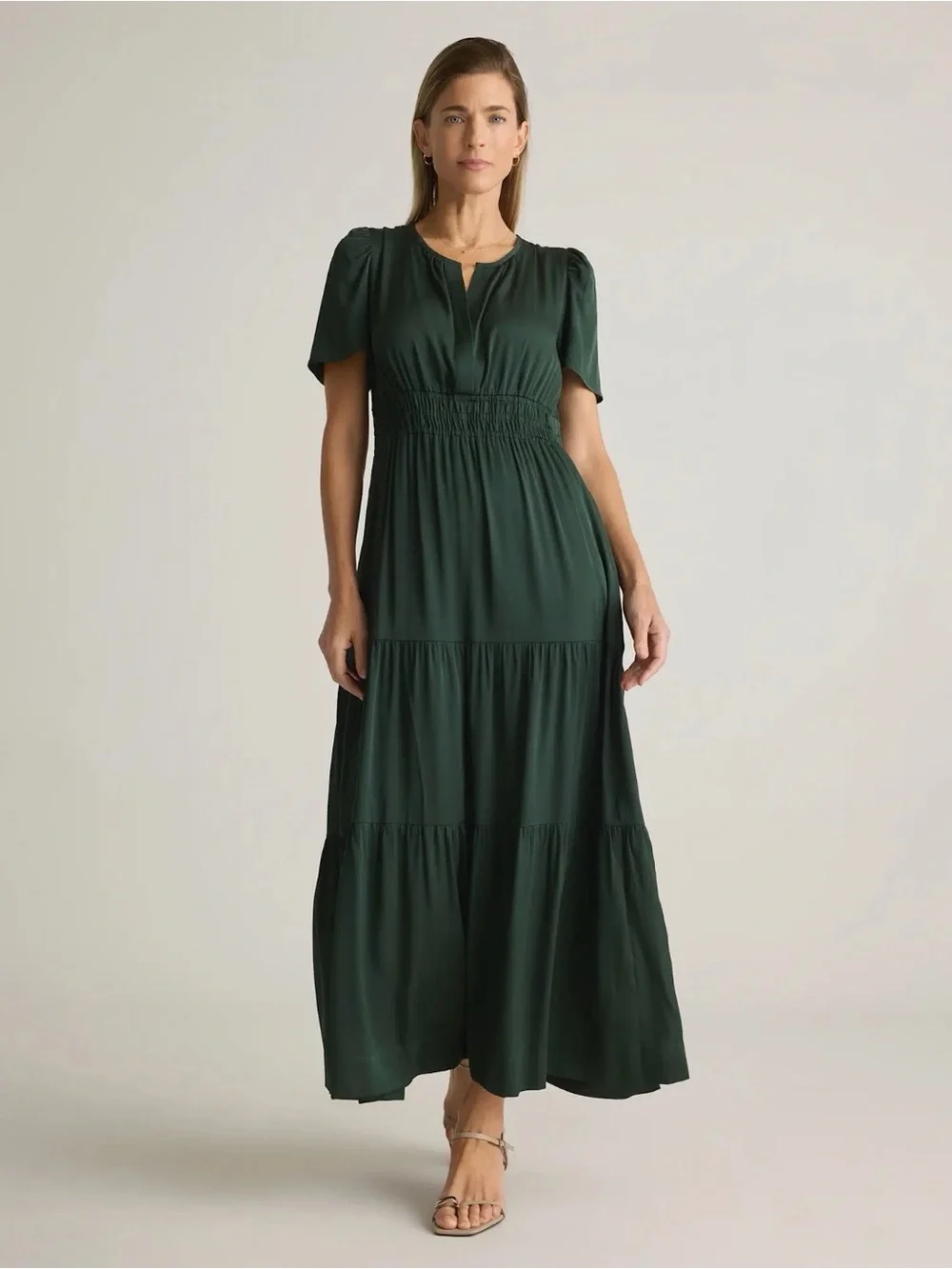NWOT Quince Forest Green Tiered Silk Maxi Dress Medium - Picture 1 of 5